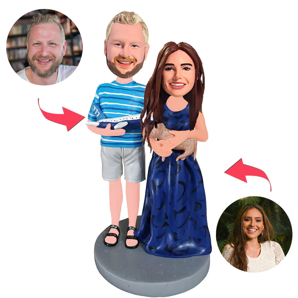 Couple with Pet and Plane Custom Bobblehead