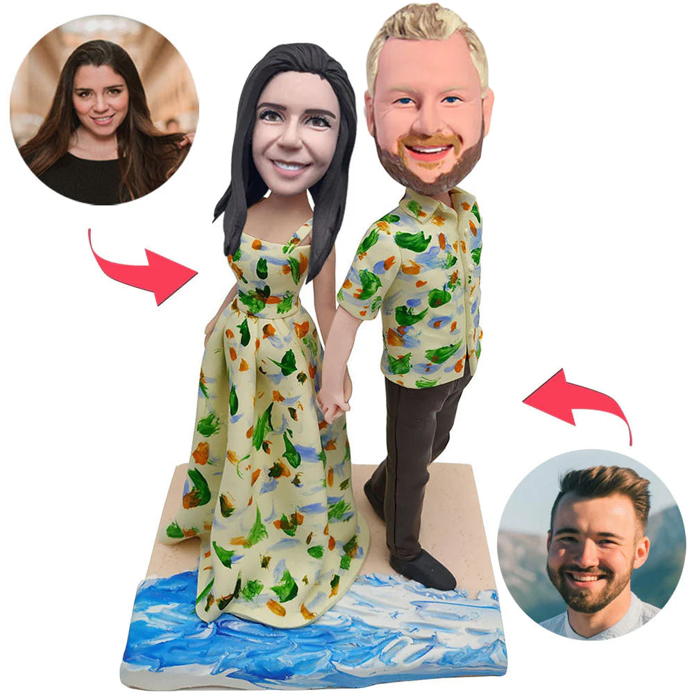 Custom Bobbleheads Happy Couple Standing By The Beach