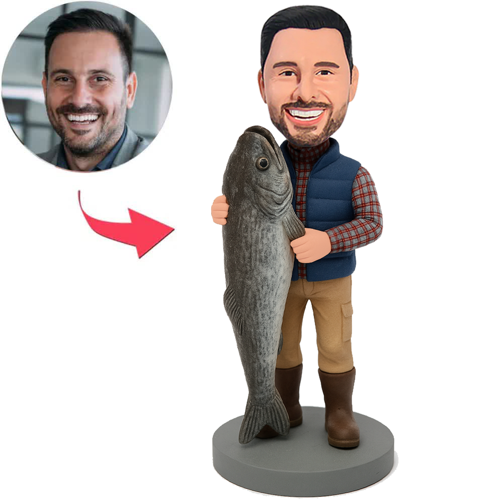 Man in Blue Vest Holding Big Fish Custom Bobbleheads