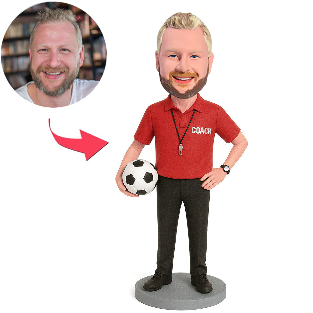 Soccer Coach in Red Shirt Custom Bobbleheads