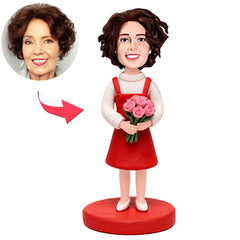 Girl Is Holding Pink Flowers Custom Bobbleheads