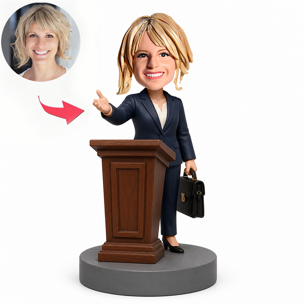 Female Lawyer Pointing at Podium with Briefcase Custom Bobbleheads
