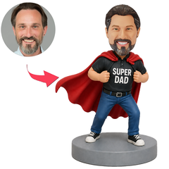 Male Super Dad in Black Shirt with Red Cape Custom Bobbleheads
