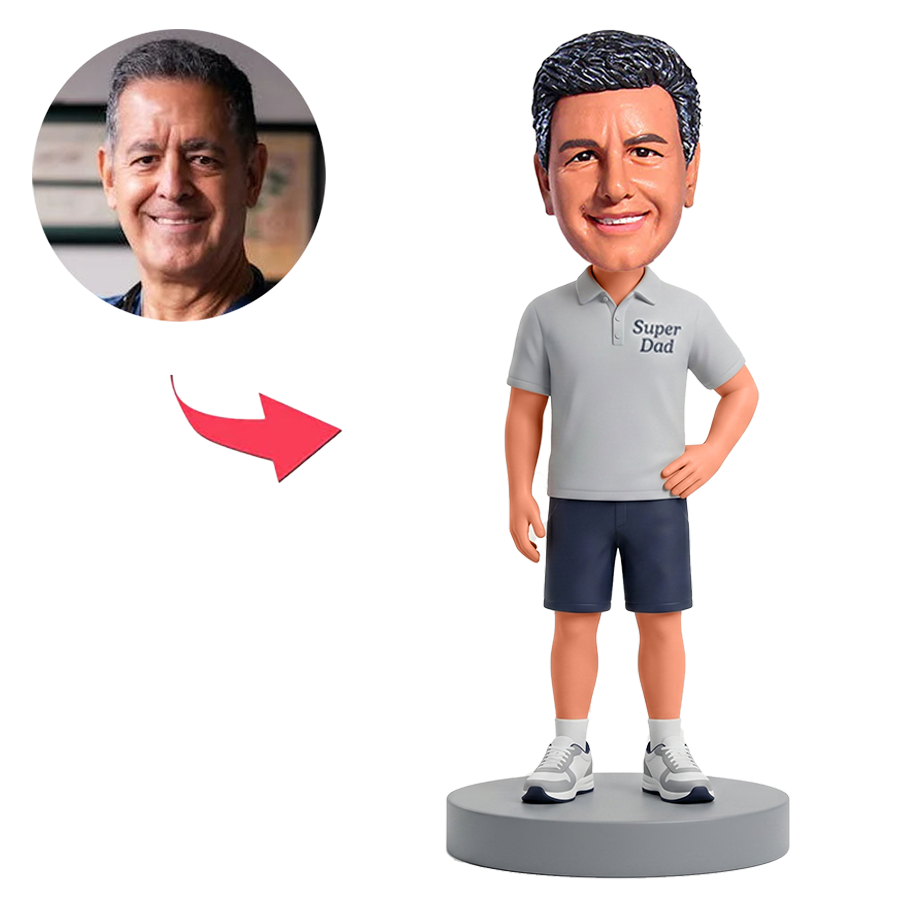 Male Casual Dad in Grey T Shirt and Black Shorts Custom Bobbleheads