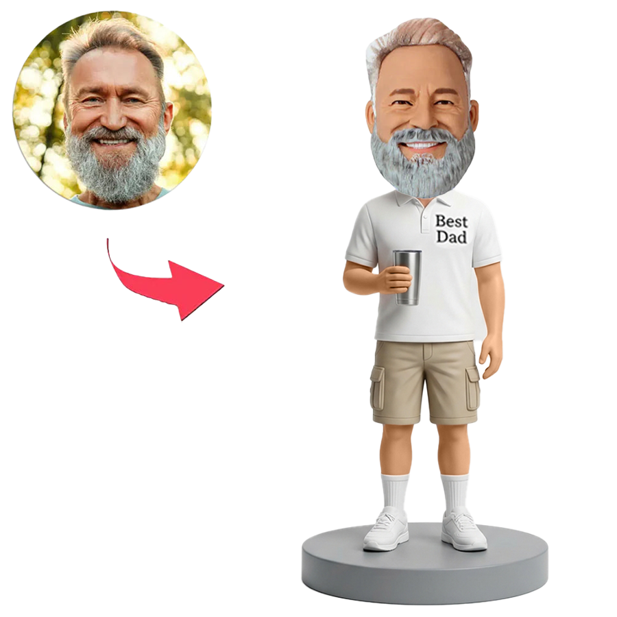 Male Best Dad Holding Tumbler in White Outfit Custom Bobbleheads