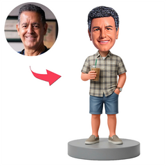 Male Dad in Plaid Shirt Holding Beer Mug Custom Bobbleheads