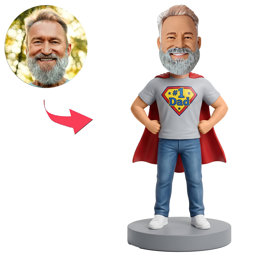 Male No.1 Dad Wearing Grey T Shirt and Red Cape Custom Bobbleheads