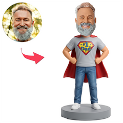 Male No.1 Dad Wearing Grey T Shirt and Red Cape Custom Bobbleheads