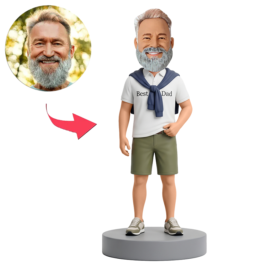 Male Best Dad in White Polo with Sweater Custom Bobbleheads