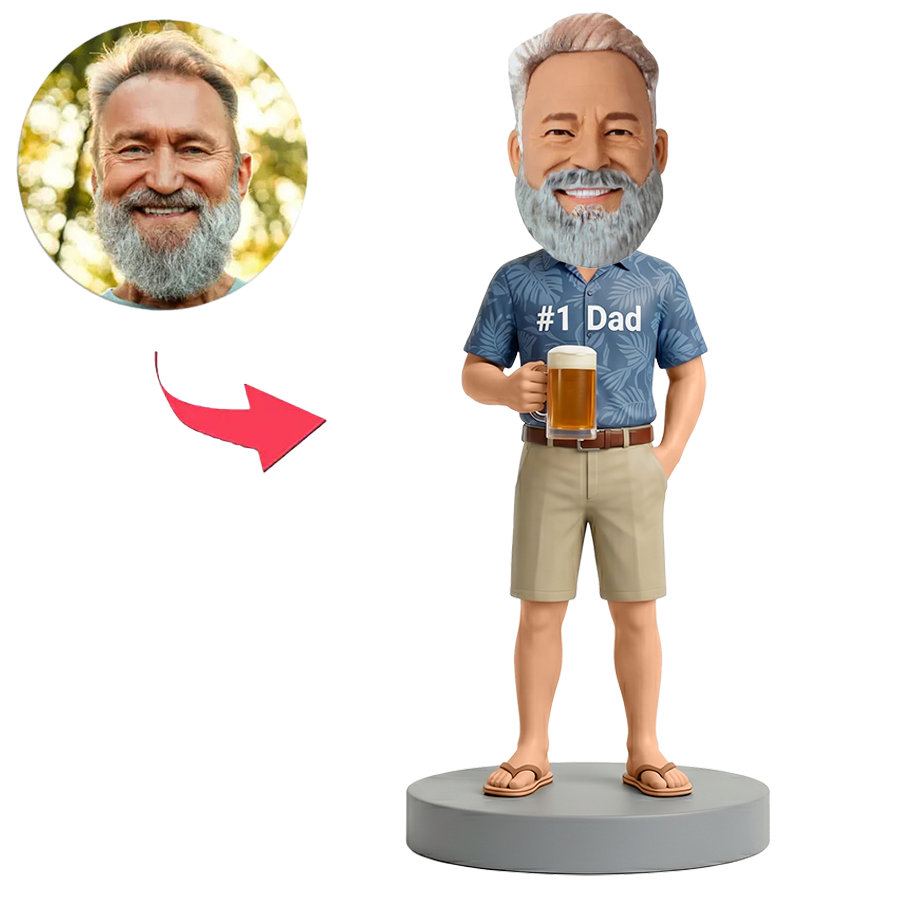 Male No.1 Dad in Blue Hawaiian Shirt Holding Beer Mug Custom Bobbleheads