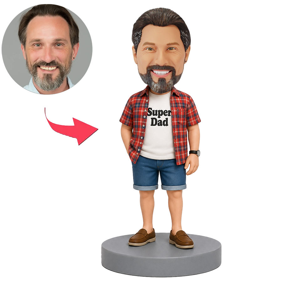 Male Casual Dad in Red Plaid Shirt Custom Bobbleheads
