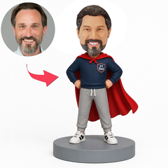Male Dad in Navy Hoodie and Red Cape Custom Bobbleheads