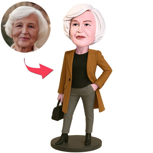Fashion Woman in Brown Coat Custom Bobbleheads