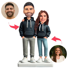 Couple Wearing Dark Blue Hoodies Custom Bobbleheads