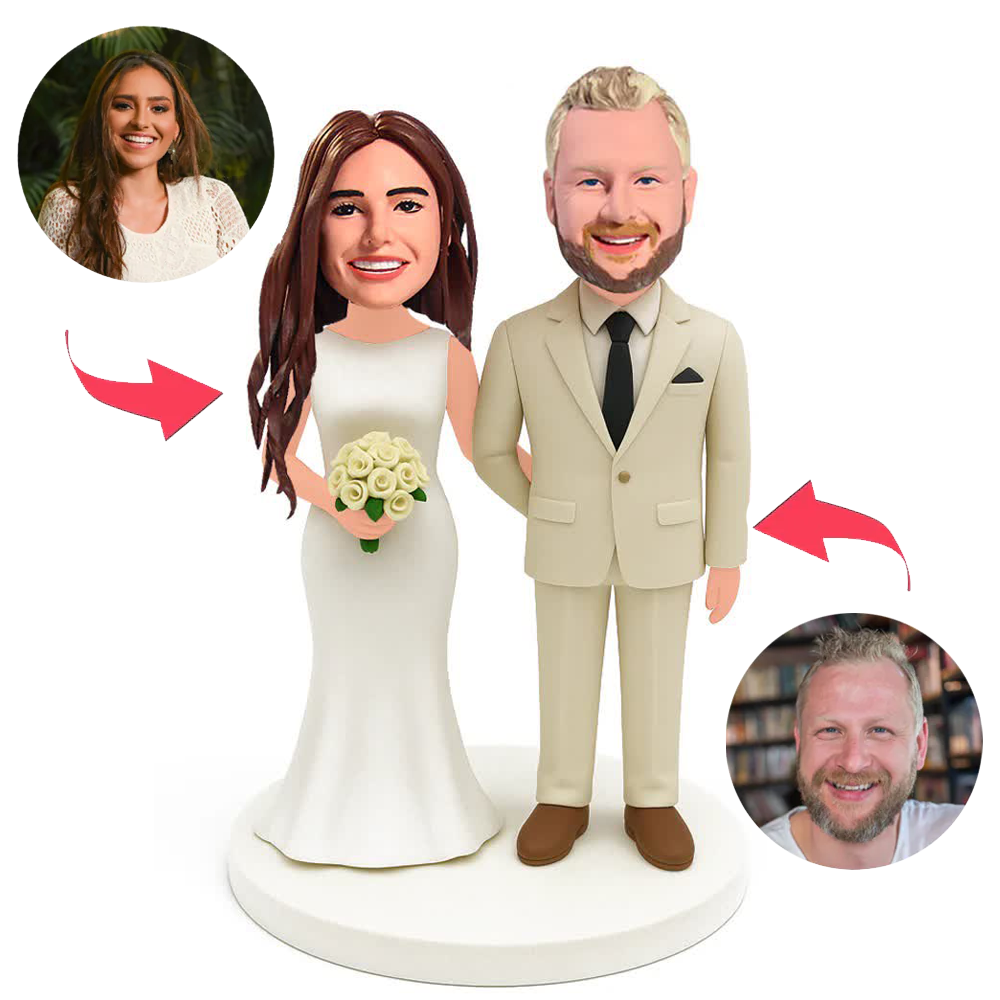 Couple in Beige Suit and Wedding Dress Custom Bobbleheads