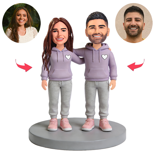 Couple Wearing Matching Purple Hoodies Custom Bobbleheads