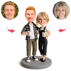 Harmonious Couple Holding Coffee Cups Custom Bobbleheads