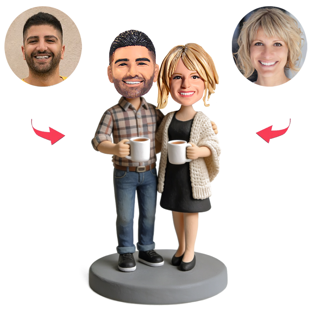 Intimate Couple Holding Coffee Cups Custom Bobbleheads
