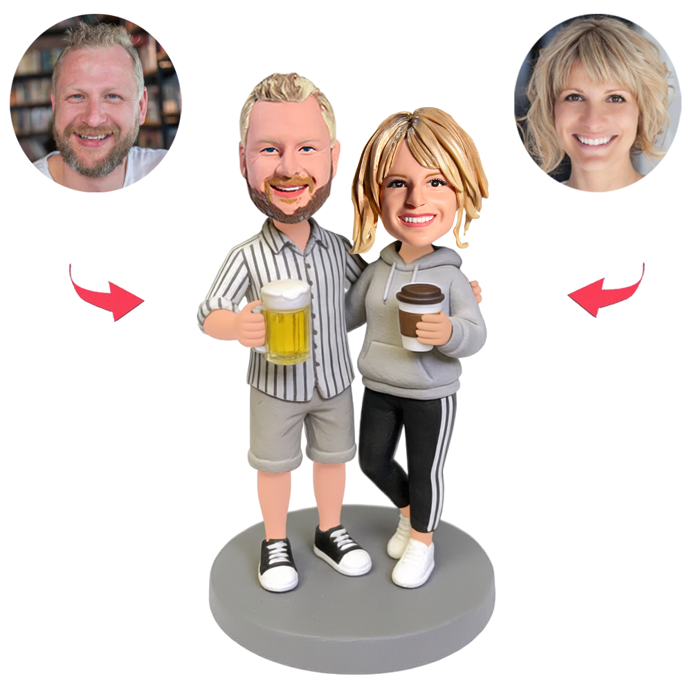 Simple Couple Holding Coffee And Beer Mugs Custom Bobbleheads