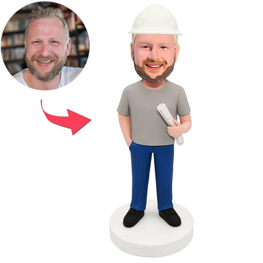 Engineering Team Leader Holding Blueprints Custom Bobbleheads