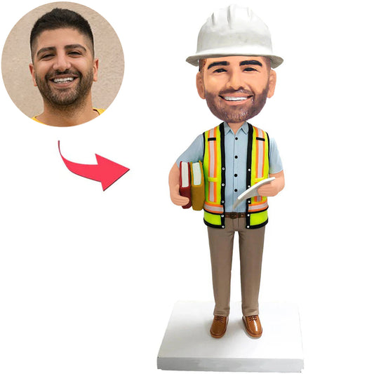 Engineer Holding Book Custom Bobbleheads with White Safety Helmet