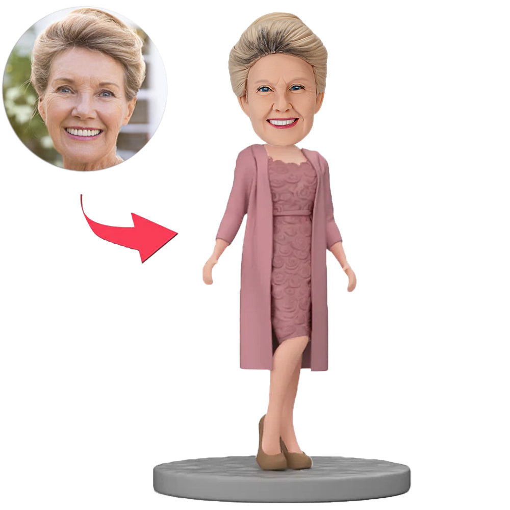 Woman Wearing Gray Purple Dress with Floral Patterns Custom Bobbleheads