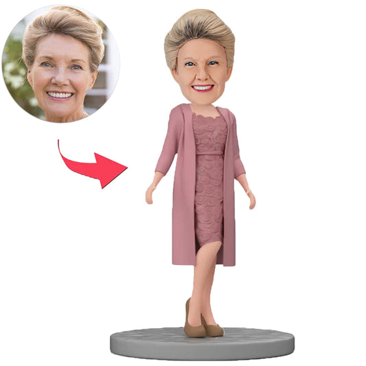 Woman Wearing Gray Purple Dress with Floral Patterns Custom Bobbleheads