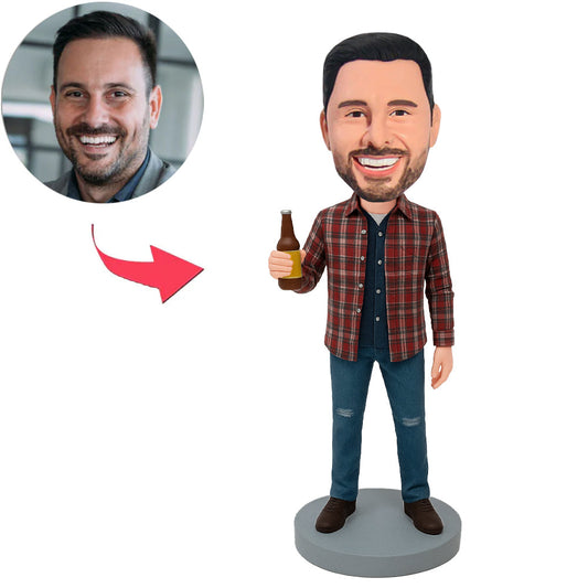 Man in Plaid Shirt Holding Beer Bottle Custom Bobbleheads