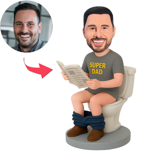 Super Dad Reading Newspaper Sitting on Toilet Custom Bobbleheads