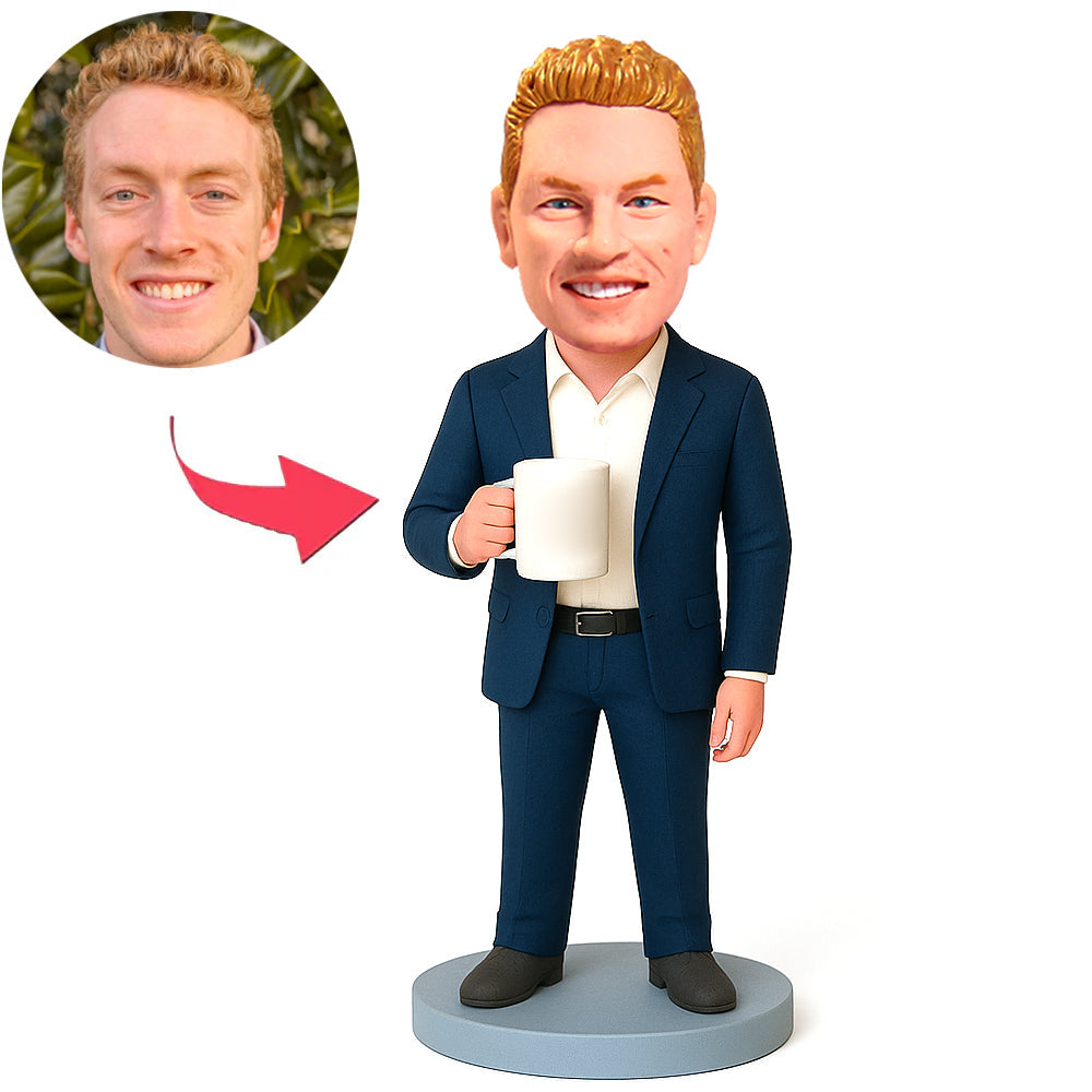 Man in Dark Blue Suit Holding Cup Custom Bobbleheads