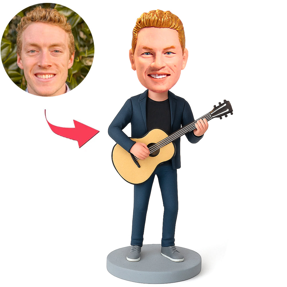 Dark Blue Suit Man Play Guitar Custom Bobbleheads