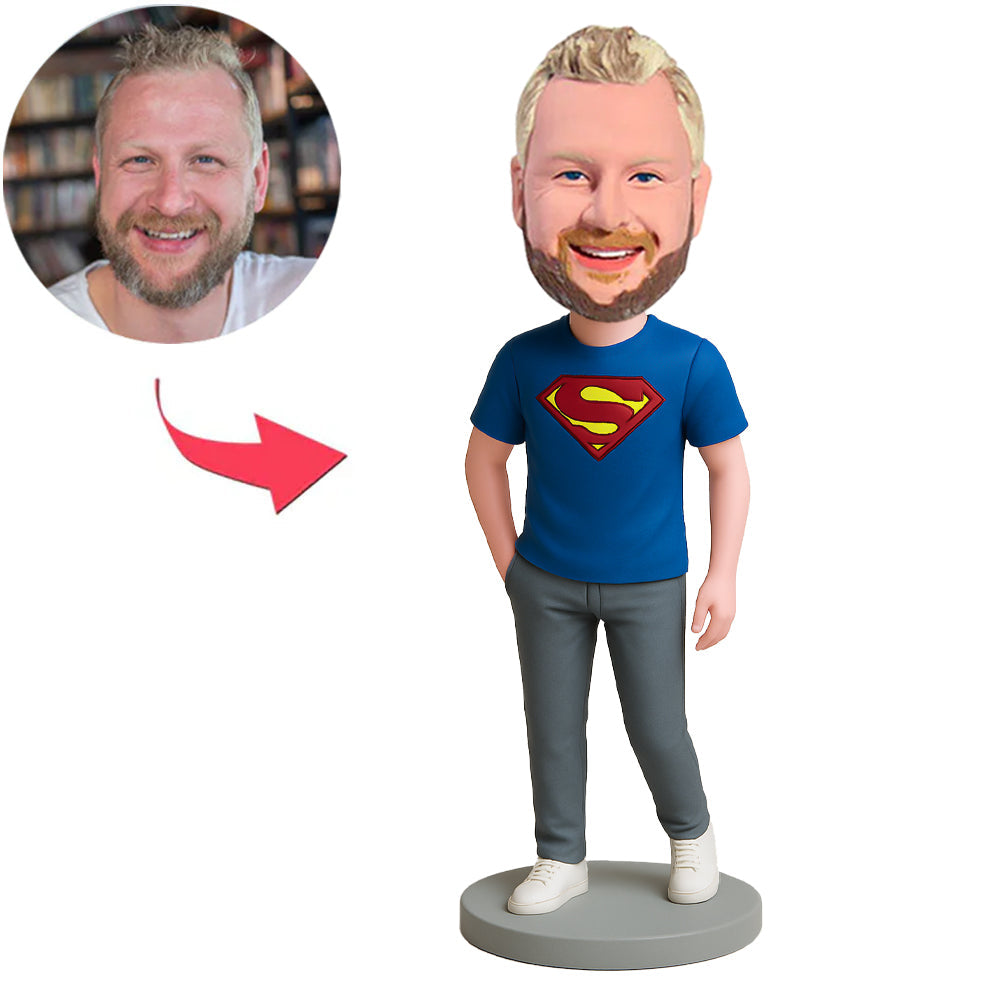 Superhero in Blue Short Sleeves Custom Bobbleheads