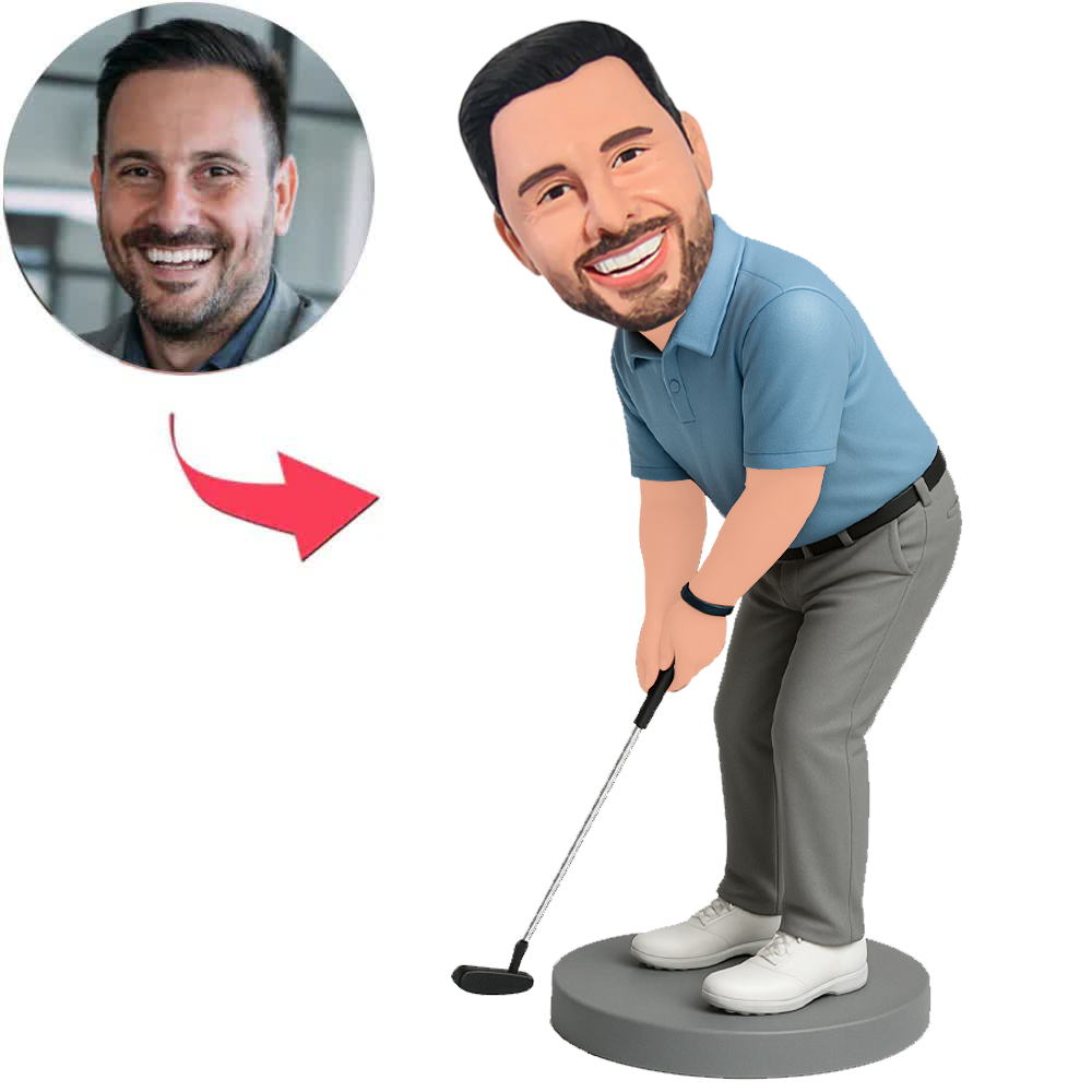 Male Golf Player in Blue Shirt Custom Bobbleheads