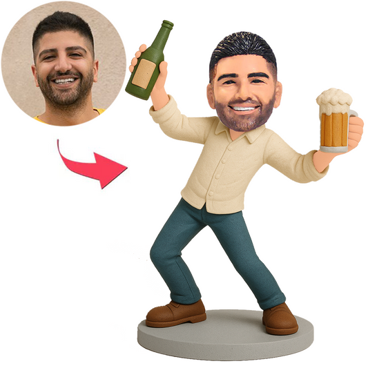 Man Holding Beer Glass and Beer Bottle Custom Bobbleheads