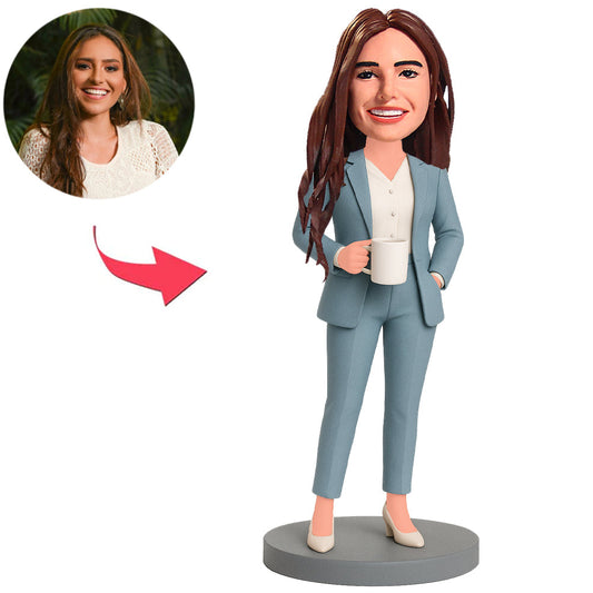 Office Lady in Blue Gray Suit Custom Bobbleheads