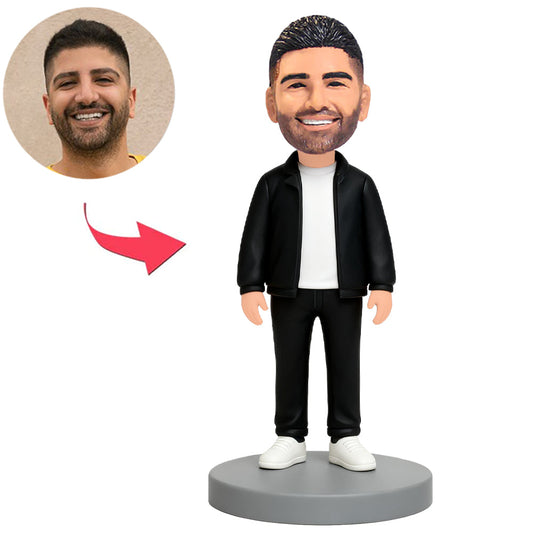 Man Wearing Black Jacket And Black Pants Custom Bobbleheads
