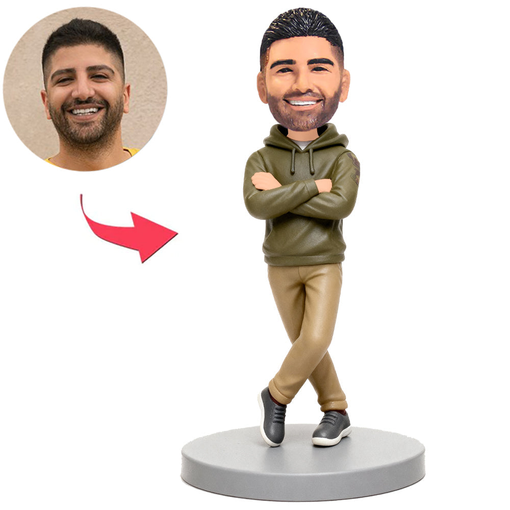 Man Wearing Army Green Hoodie Custom Bobbleheads