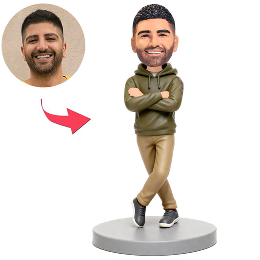 Man Wearing Army Green Hoodie Custom Bobbleheads