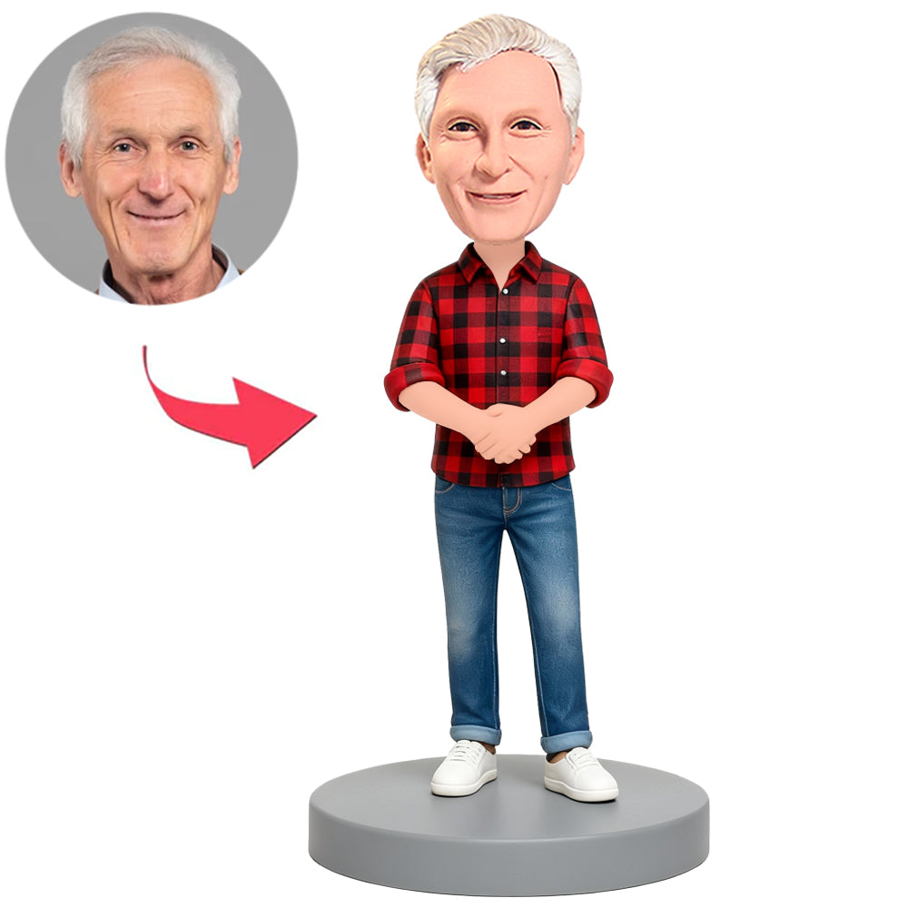 Old Man Wearing Red Plaid Shirt Custom Bobbleheads
