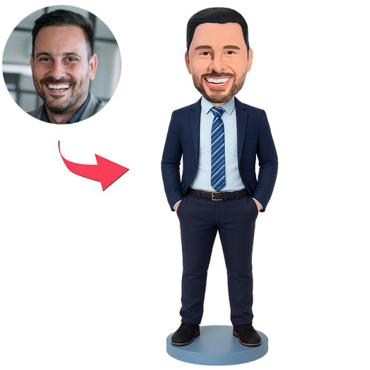 Business Man in Navy Blue Suit Custom Bobbleheads