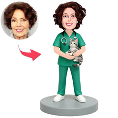 Female Veterinarian Wearing Surgical Scrubs Holding Cat Custom Bobbleheads