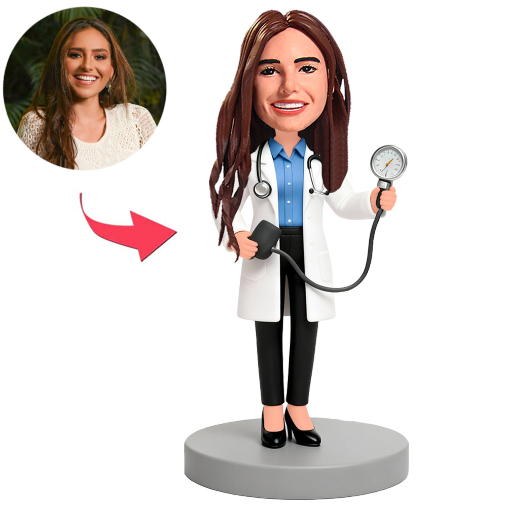 Female Internal Medicine Doctor Holding Blood Pressure Monitor Custom Bobbleheads