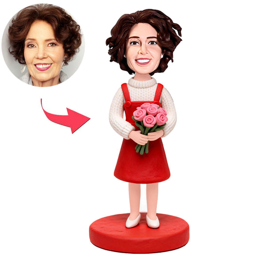 Girl Is Holding Pink Flowers Custom Bobbleheads