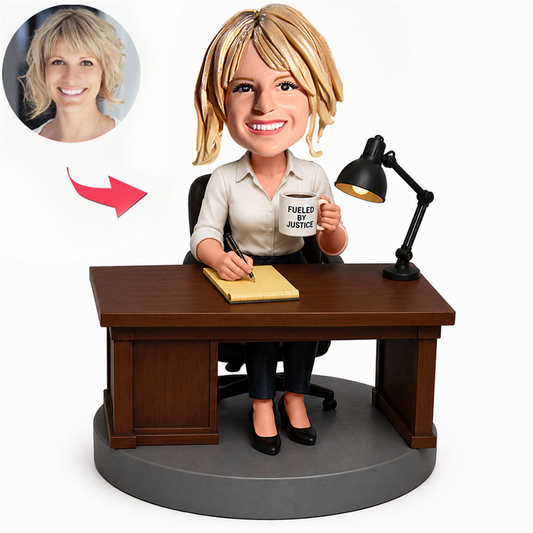 Female Lawyer Sitting at Desk with Justice Mug Custom Bobbleheads