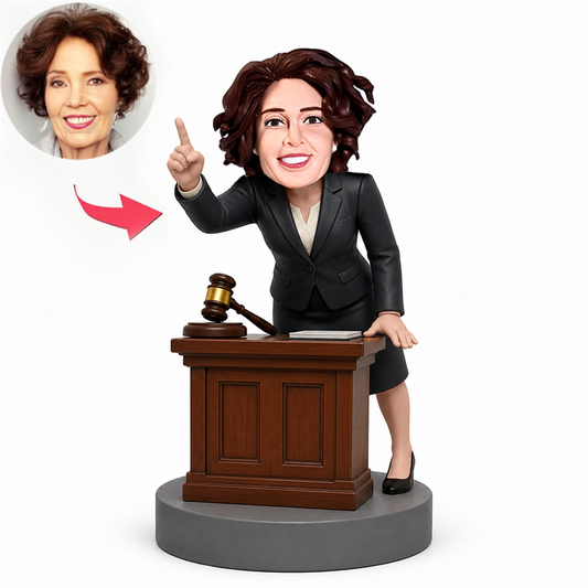 Female Lawyer Pointing at Court Desk with Gavel Custom Bobbleheads