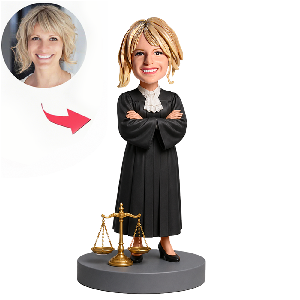 Female Lawyer Standing Beside Justice Scales Custom Bobbleheads