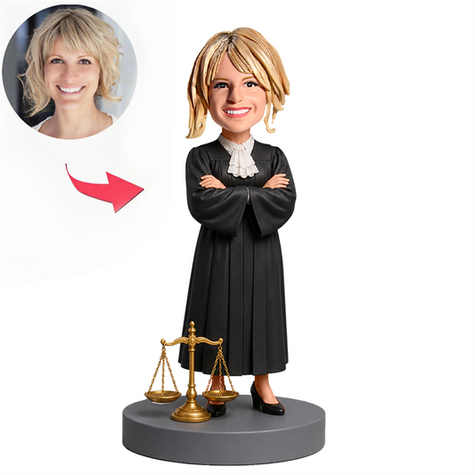 Female Lawyer Standing Beside Justice Scales Custom Bobbleheads