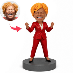 Black Female Lawyer in Red Suit Celebrating Custom Bobbleheads