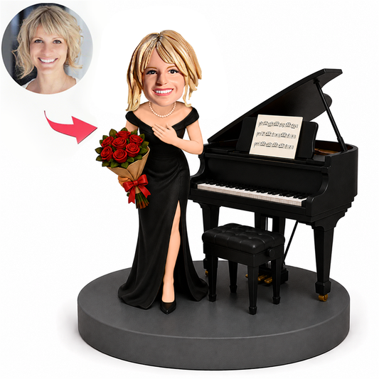 Female Pianist Standing with Roses and Grand Piano Custom Bobbleheads