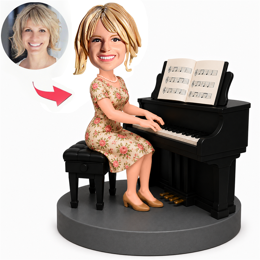 Female Pianist Playing Piano in Floral Dress Custom Bobbleheads